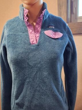 Patagonia Synchilla Snap-T Pullover Blue Pink Fleece Women’s Large Cozy Outdoor